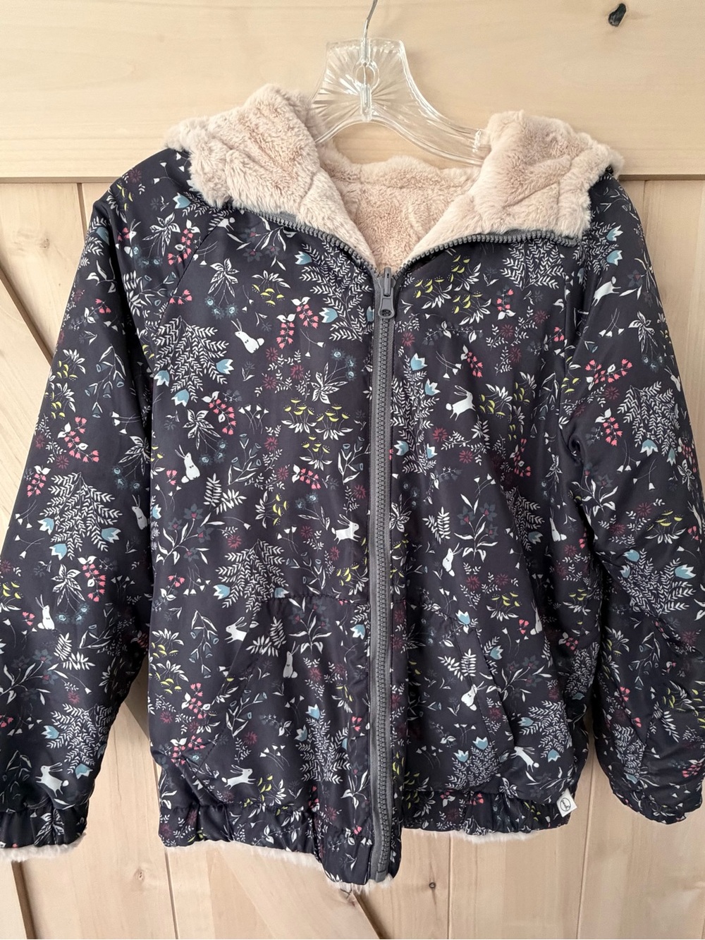 Kids Peek Reversible Floral Print/Faux Fur Hooded Jacket